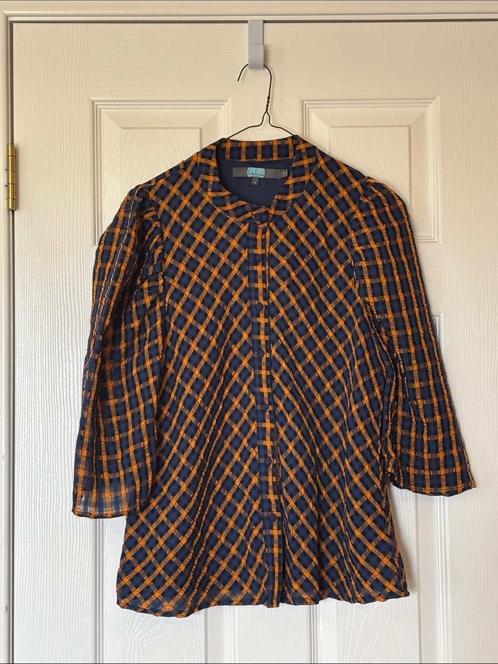 Eva Franco Navy and Orange Plaid Open-Front Blazer